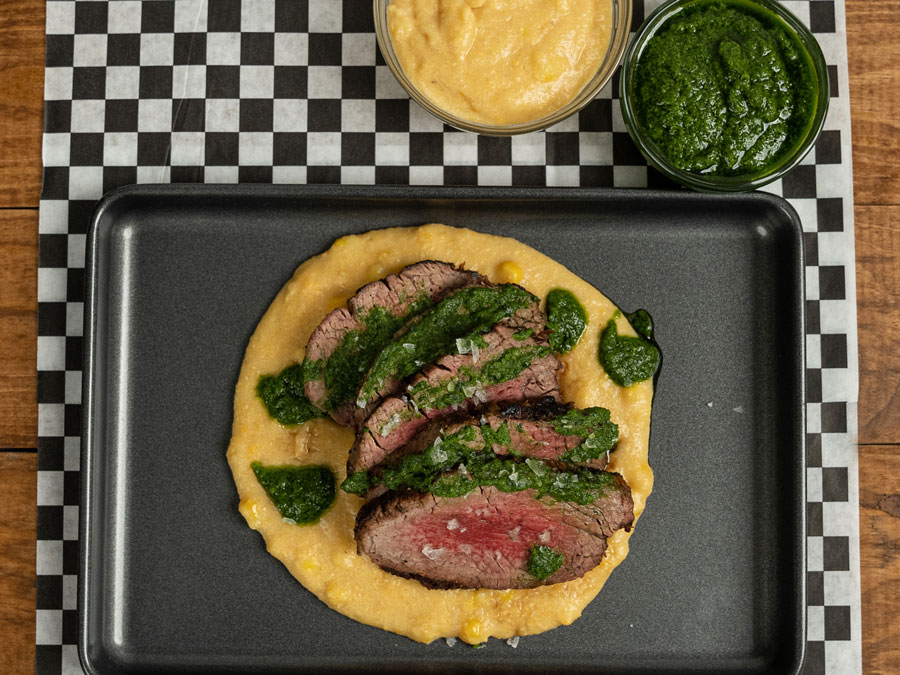 Beef Tenderloin with Cheesy Grits and Chimichurri